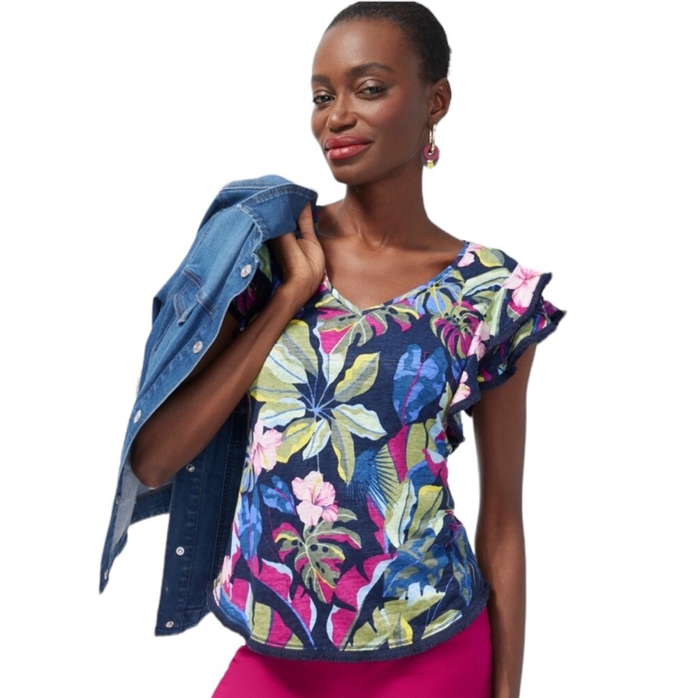 Chico's Tropical Floral Navy Pink Green V-Neck Ruffle Sleeve Blouse - Picture 11 of 15
